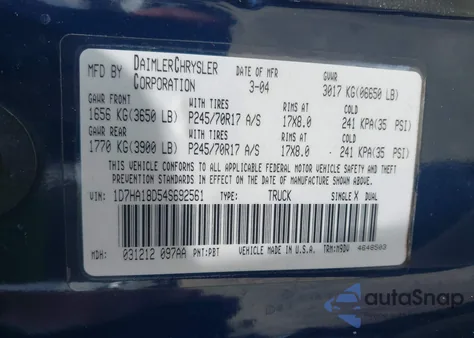 2004 Dodge Ram 1500 Slt/Laramie из США, поврежденный, VIN 1D7HA18D54S692561